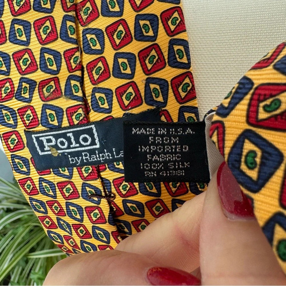 Polo Ralph Lauren Silk Tie Handmade in USA Gold Navy Red Geometric Paisley 3.5” - Picture 2 of 4